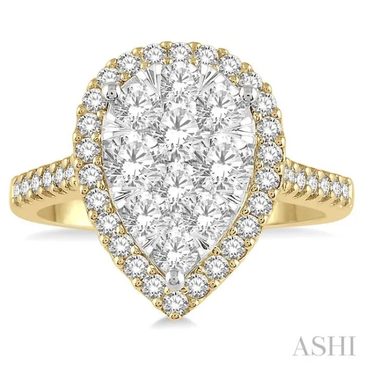 1 1/2 Ctw Pear Shape Round Cut Diamond Lovebright Cluster Ring in 14K Yellow and White Gold