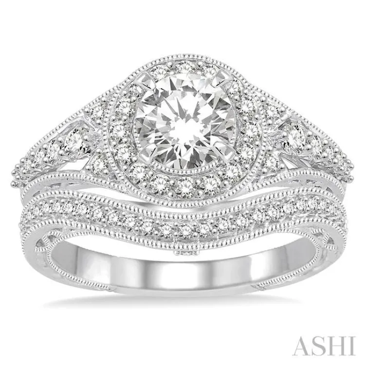 1 1/6 Ctw Diamond Wedding Set with 1 Ctw Round Cut Engagement Ring and 1/5 Ctw Wedding Band in 14K White Gold