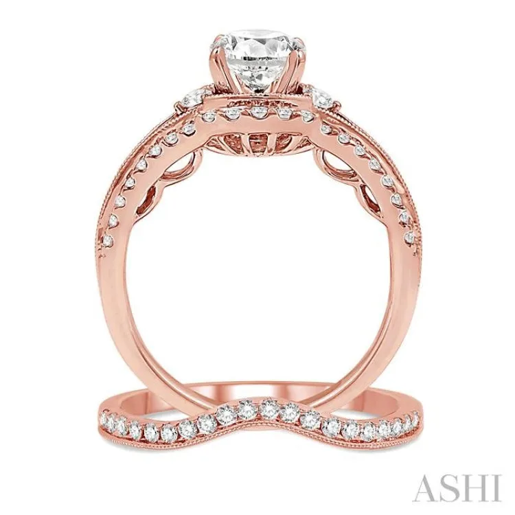 1 3/8 Ctw Diamond Wedding Set with 1 1/5 Ctw Round Cut Engagement Ring and 1/5 Ctw Wedding Band in 14K Rose Gold