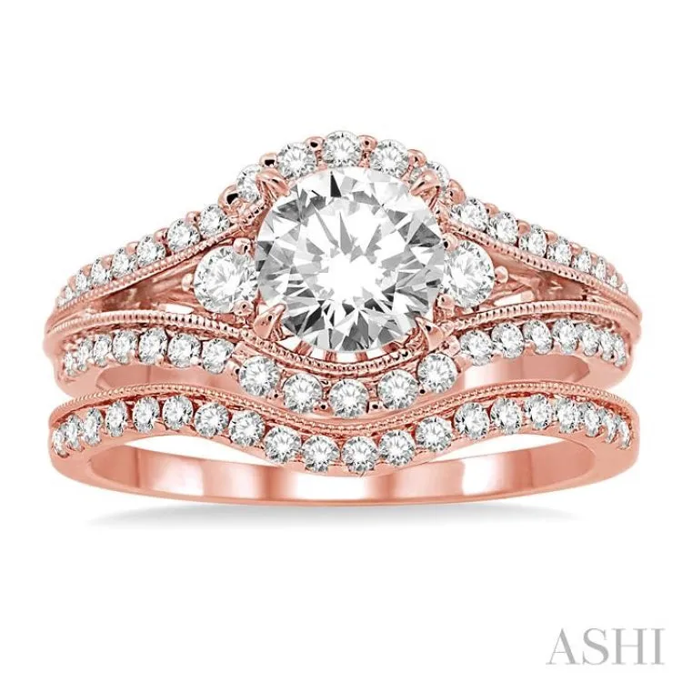 1 3/8 Ctw Diamond Wedding Set with 1 1/5 Ctw Round Cut Engagement Ring and 1/5 Ctw Wedding Band in 14K Rose Gold