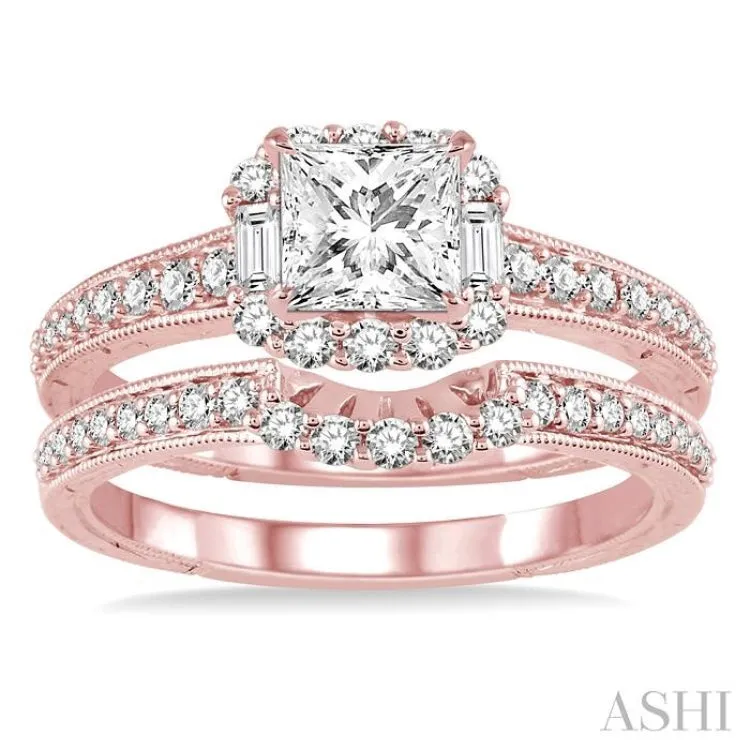 1 Ctw Diamond Wedding Set with 3/4 Ctw Princess Cut Engagement Ring and 1/5 Ctw Wedding Band in 14K Rose Gold