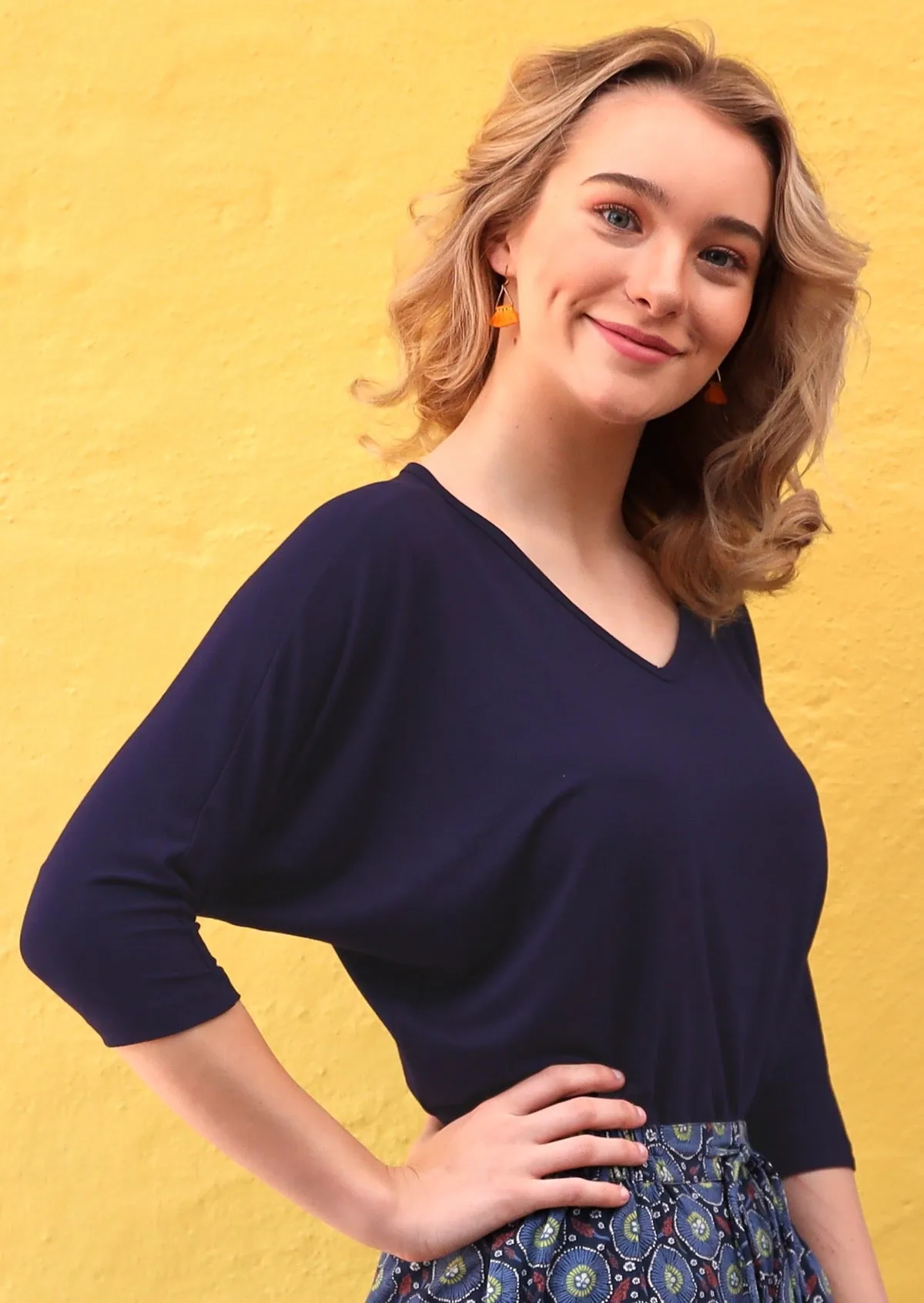 3/4 Sleeve V-neck Batwing Top Navy Blue