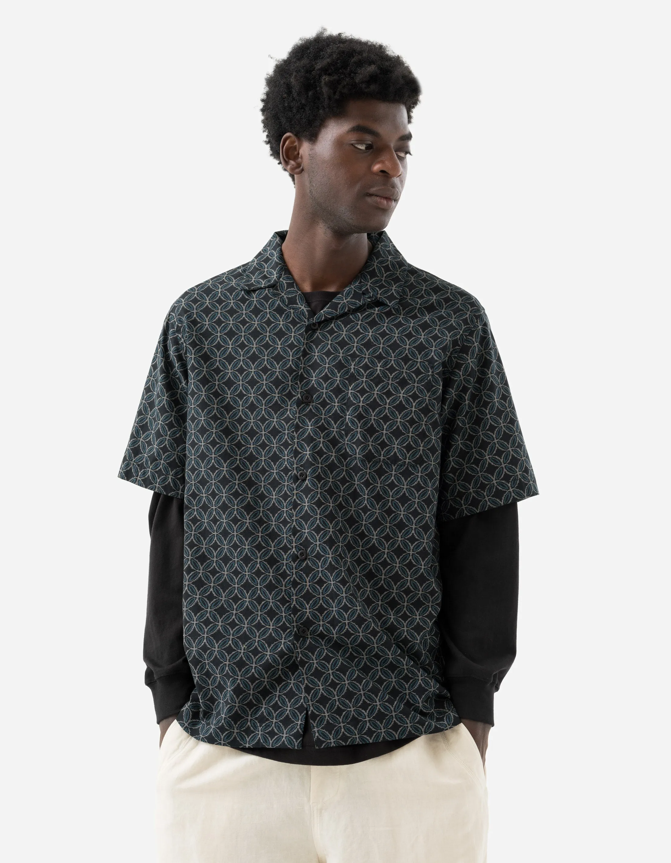 Black Wagara Camp Collar Shirt - Mens Stylish Japanese Print Short Sleeve