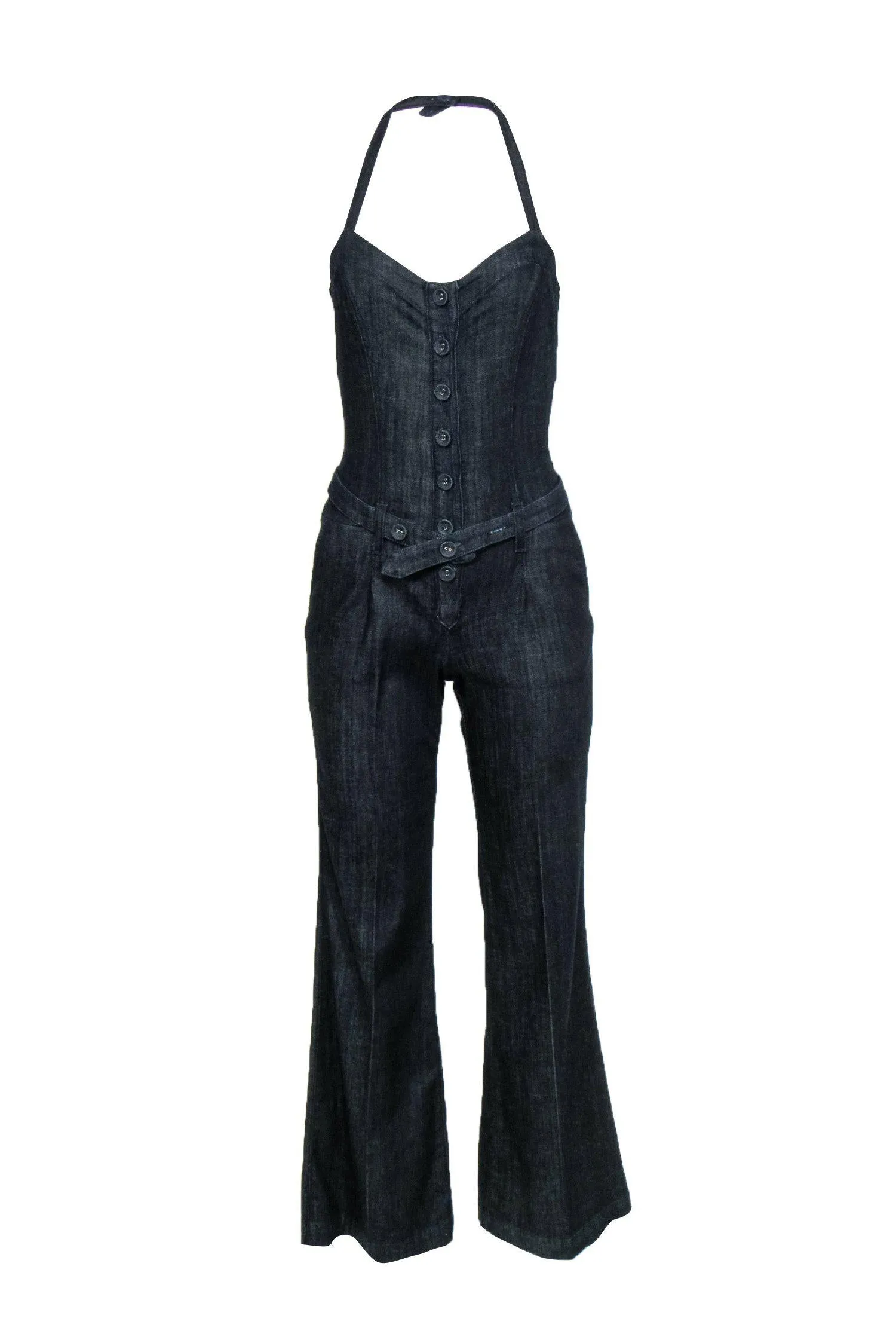 7 For All Mankind - Dark Wash Denim Flared Halter Jumpsuit Sz 25