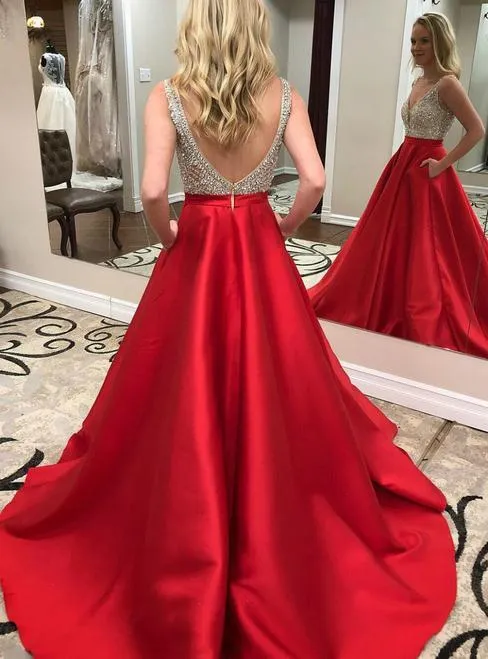 A-line V-neck Sweep Train Satin Red Prom Dresses With Rhine Stones ASD27102