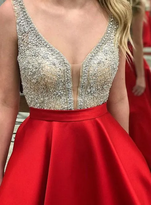 A-line V-neck Sweep Train Satin Red Prom Dresses With Rhine Stones ASD27102