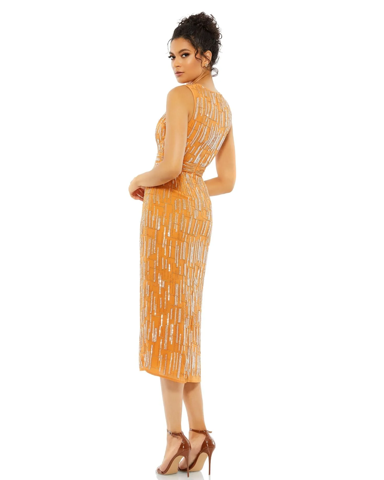 Abstract Beaded Sleeveless Midi Sheath Dress