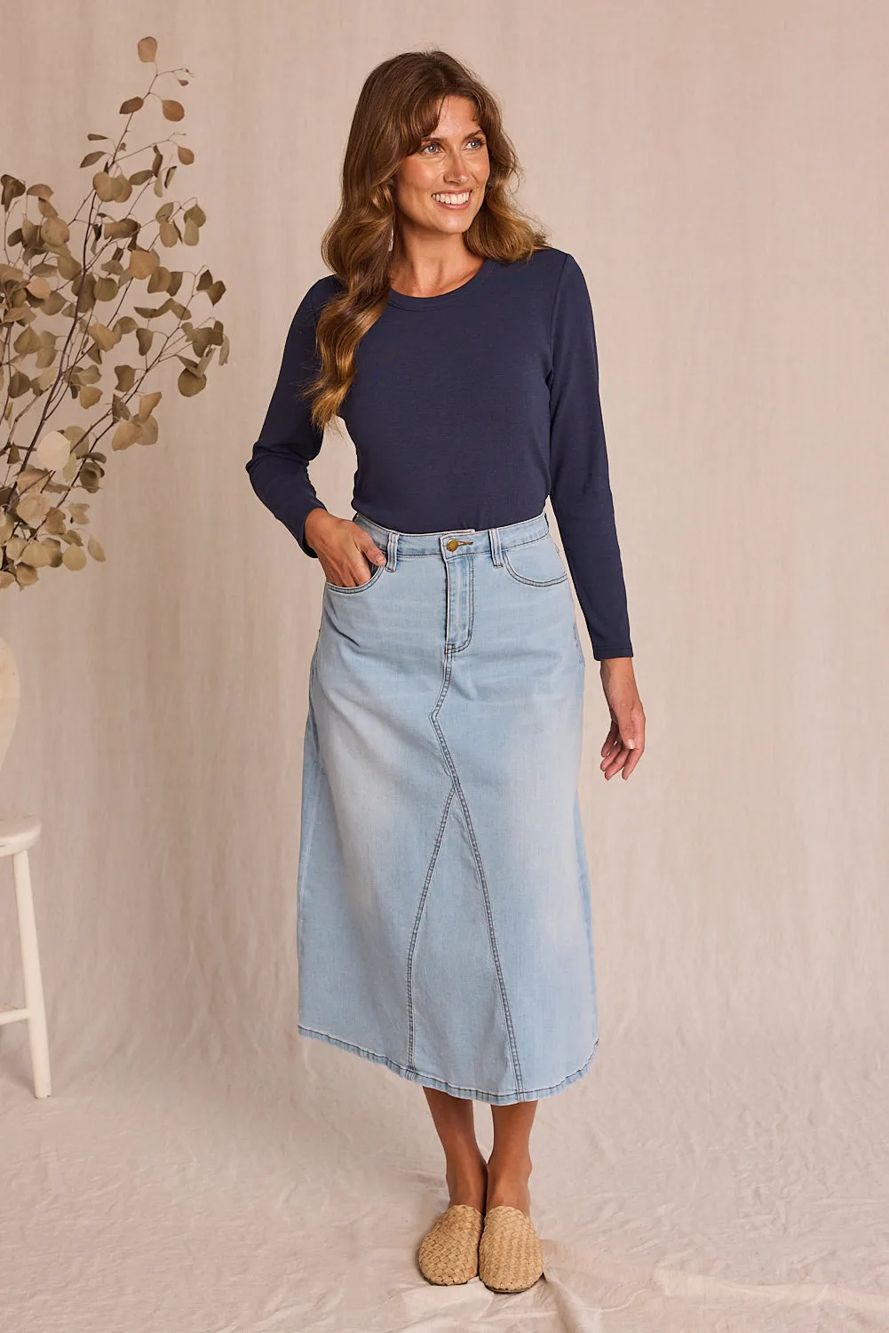 Adrift Denim Midi Skirt in Light Wash