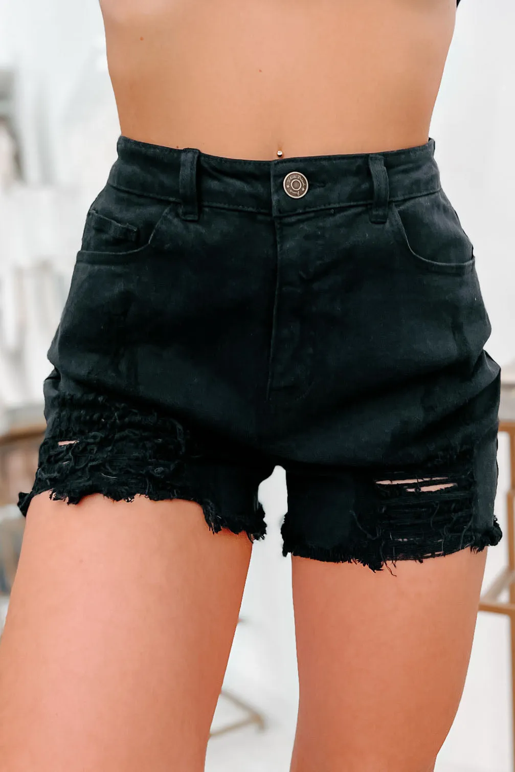 Albany High Rise Distressed Denim Shorts (Black)