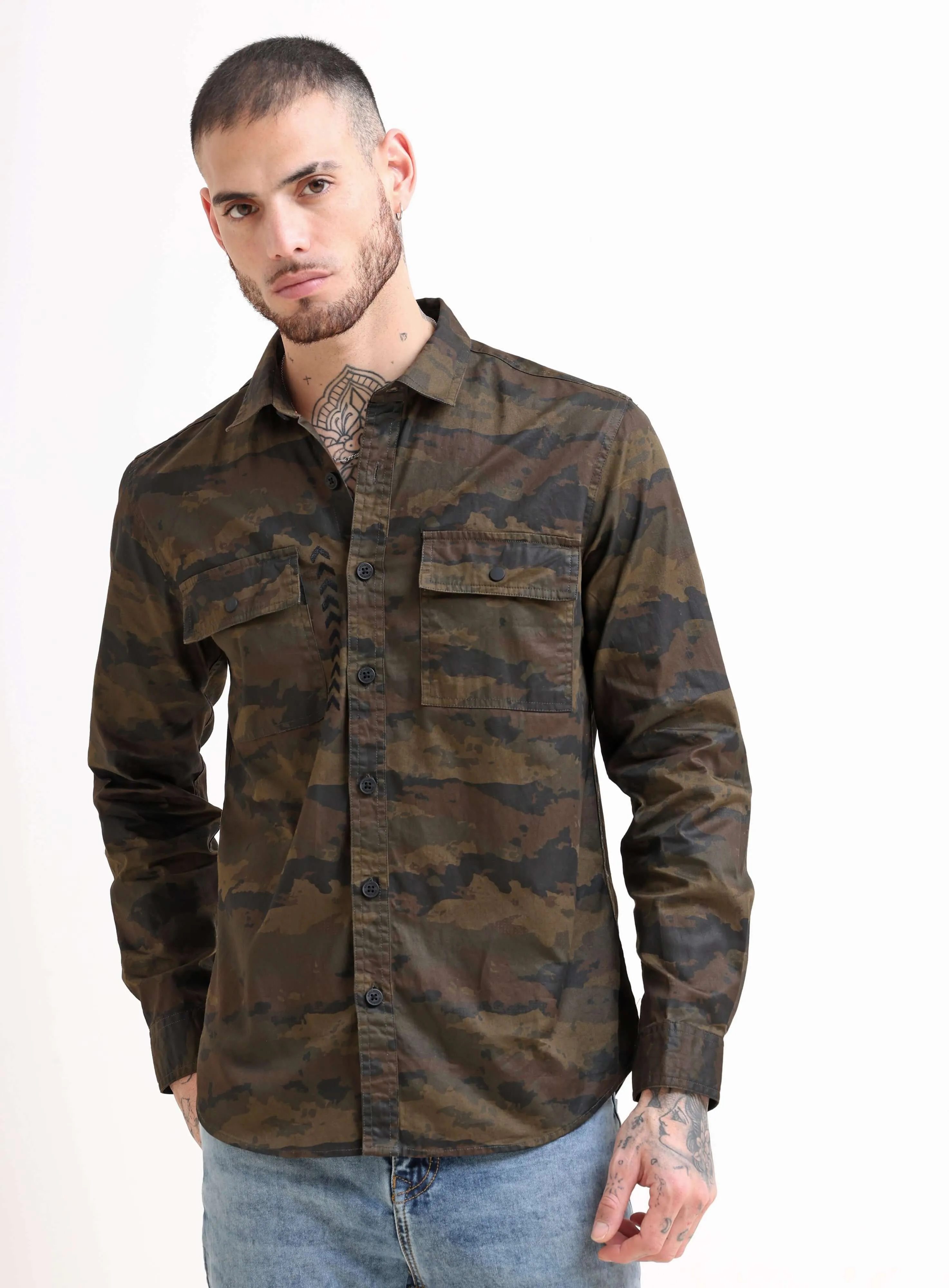 Army Green Camo Cargo Shirt