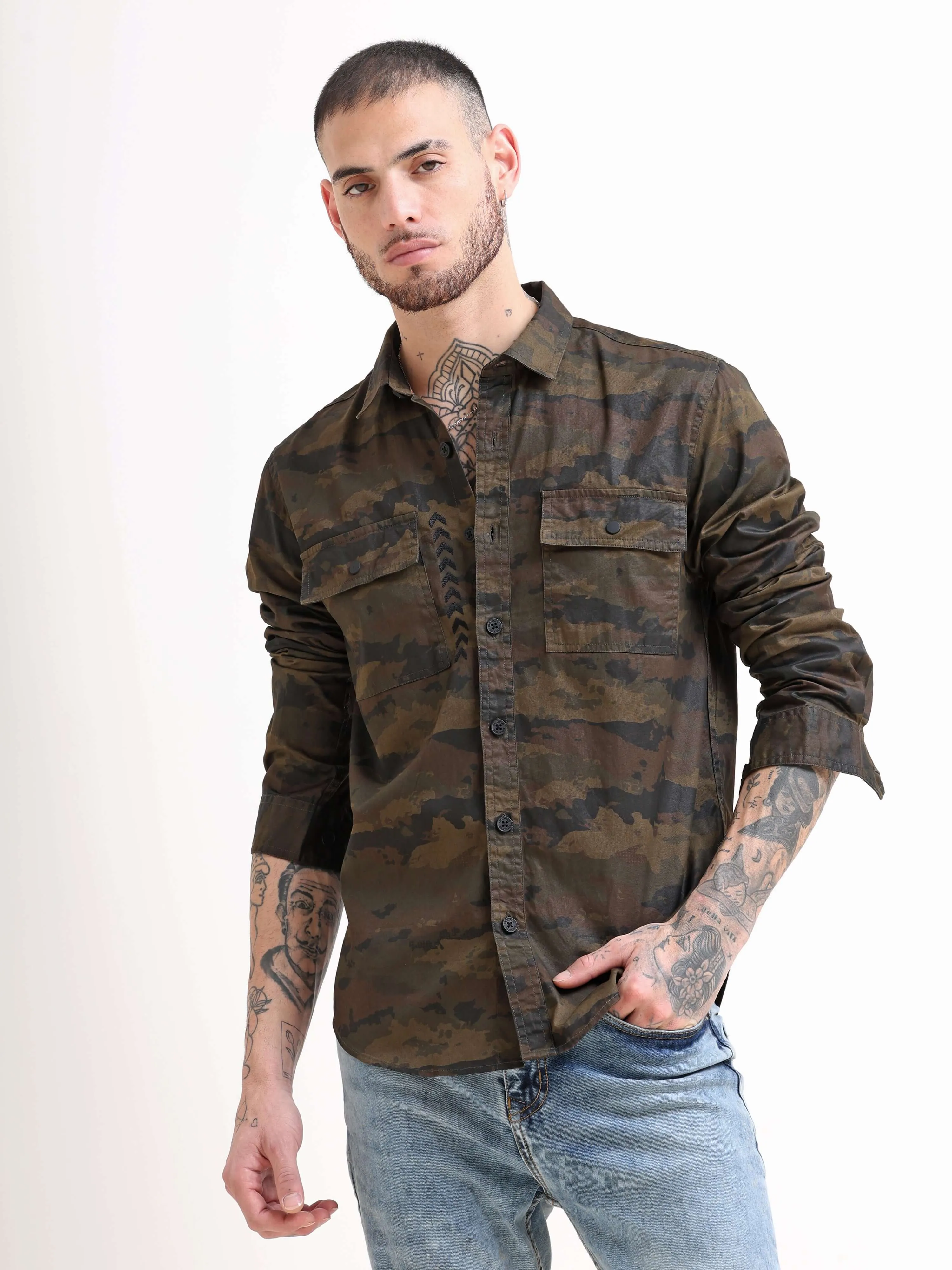 Army Green Camo Cargo Shirt