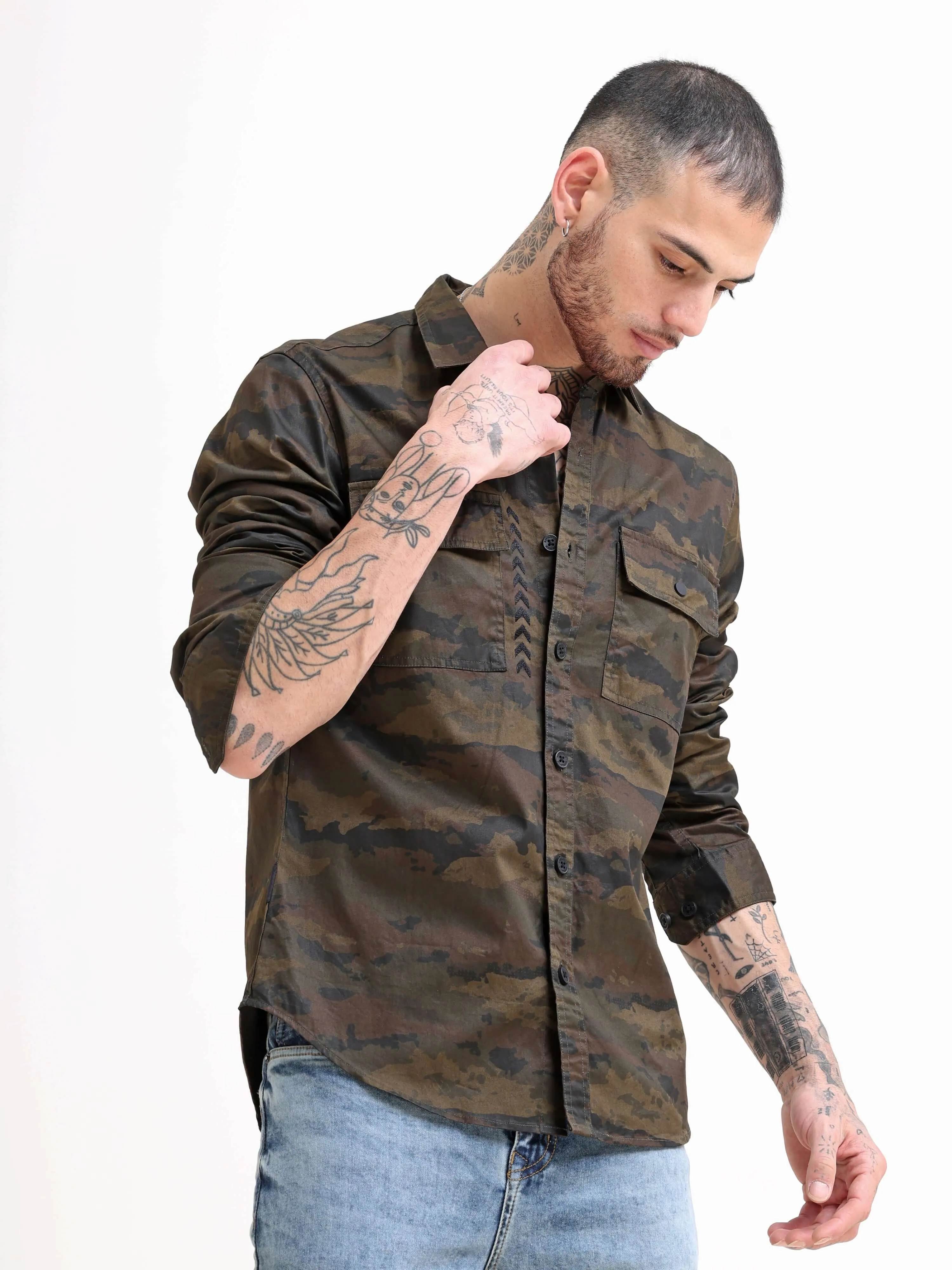 Army Green Camo Cargo Shirt