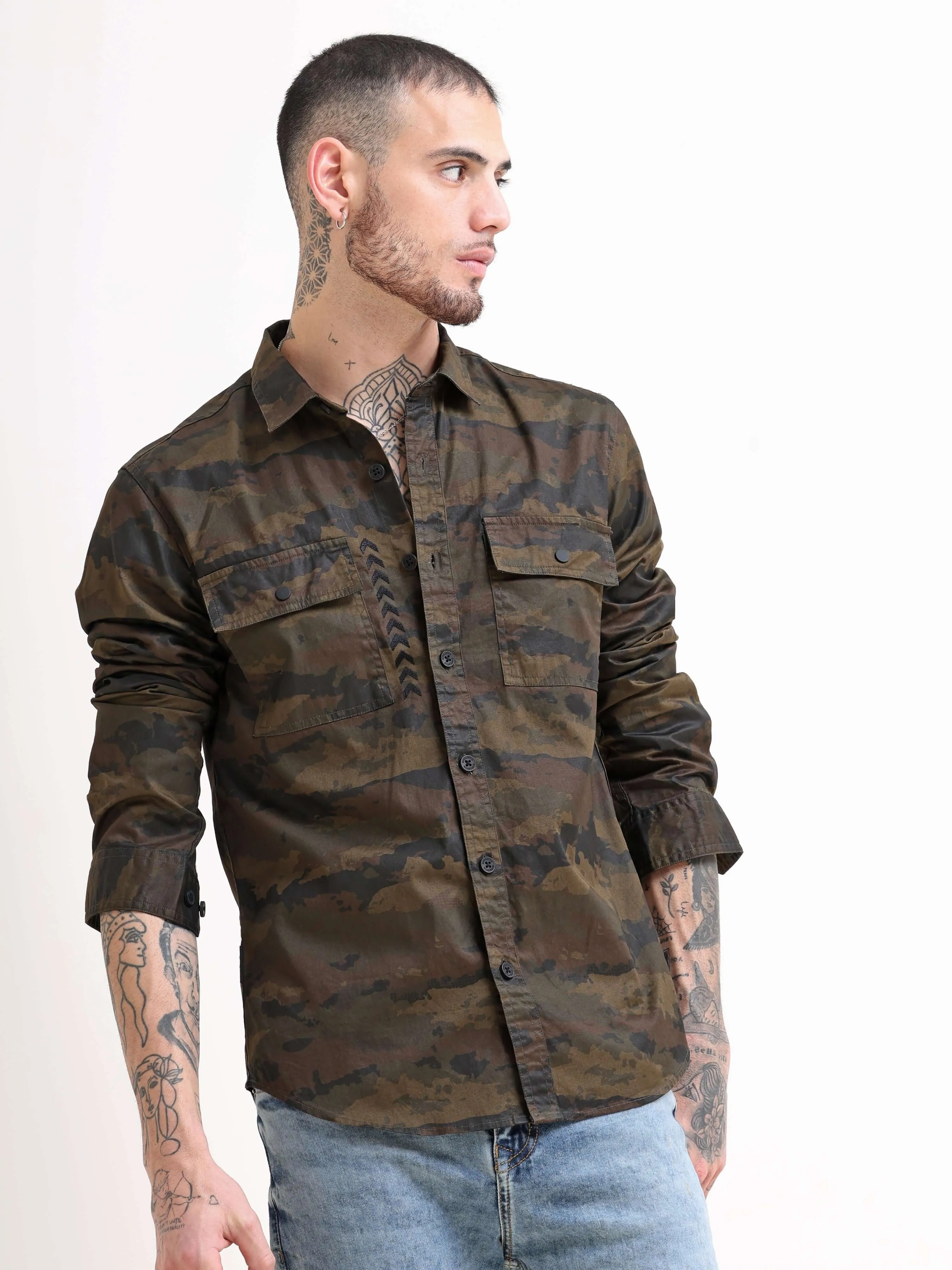 Army Green Camo Cargo Shirt