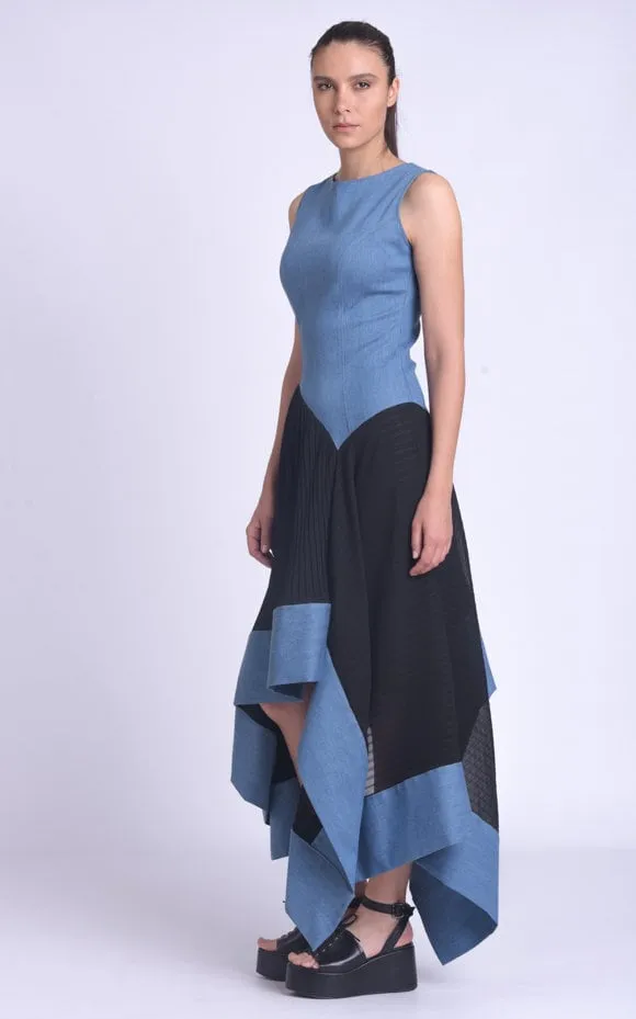 Asymmetric Denim Chiffon Dress