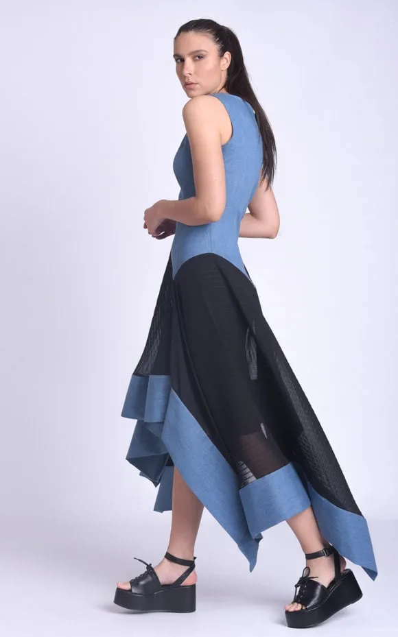 Asymmetric Denim Chiffon Dress