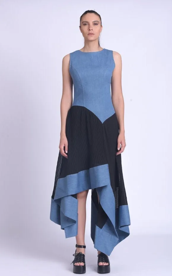 Asymmetric Denim Chiffon Dress