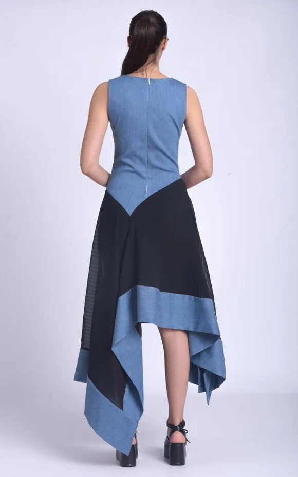 Asymmetric Denim Chiffon Dress