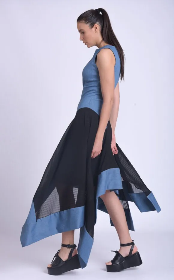 Asymmetric Denim Chiffon Dress