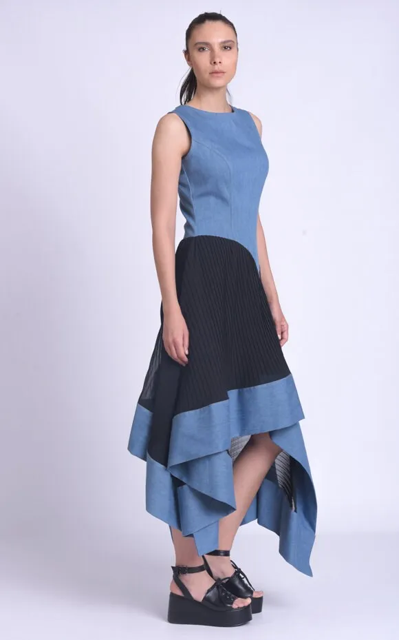 Asymmetric Denim Chiffon Dress