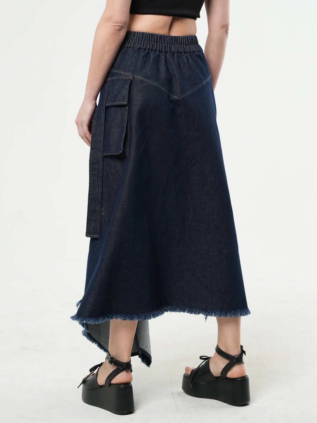 Asymmetric Denim Long Skirt with Zippers