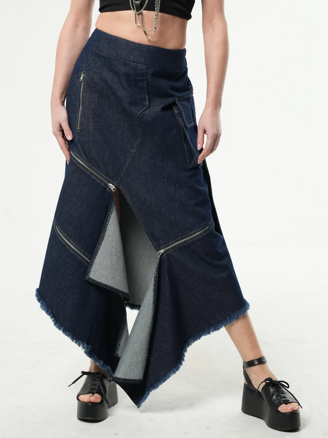 Asymmetric Denim Long Skirt with Zippers