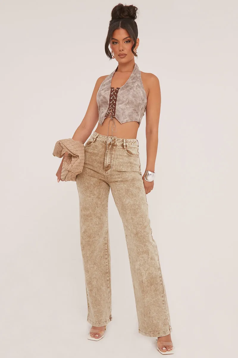 Beige Abstract Print Lace Up Halter Neck Cropped Top - Ayda