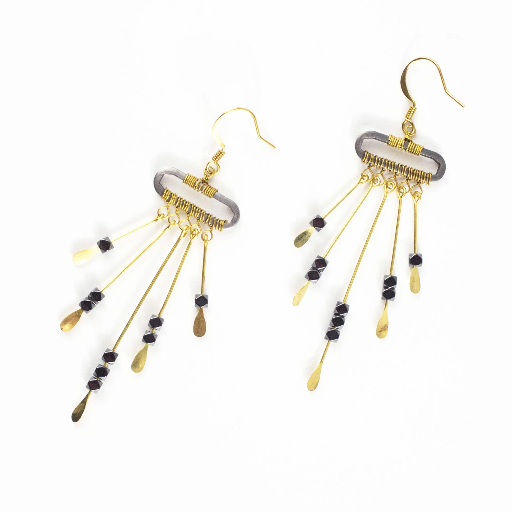 Black Beads Bar Brass Earrings