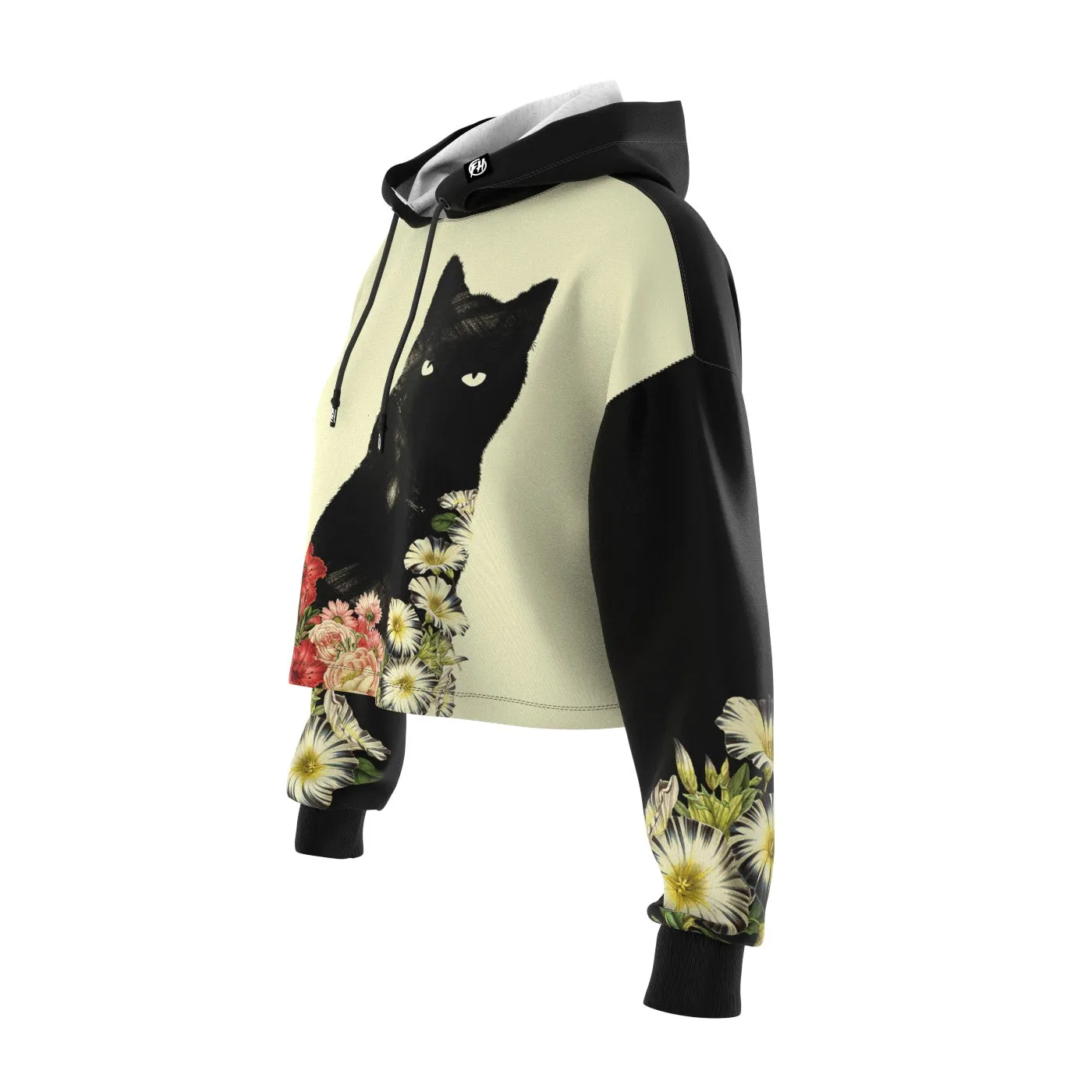 Black Cat Vintage Flowers Cropped Hoodie