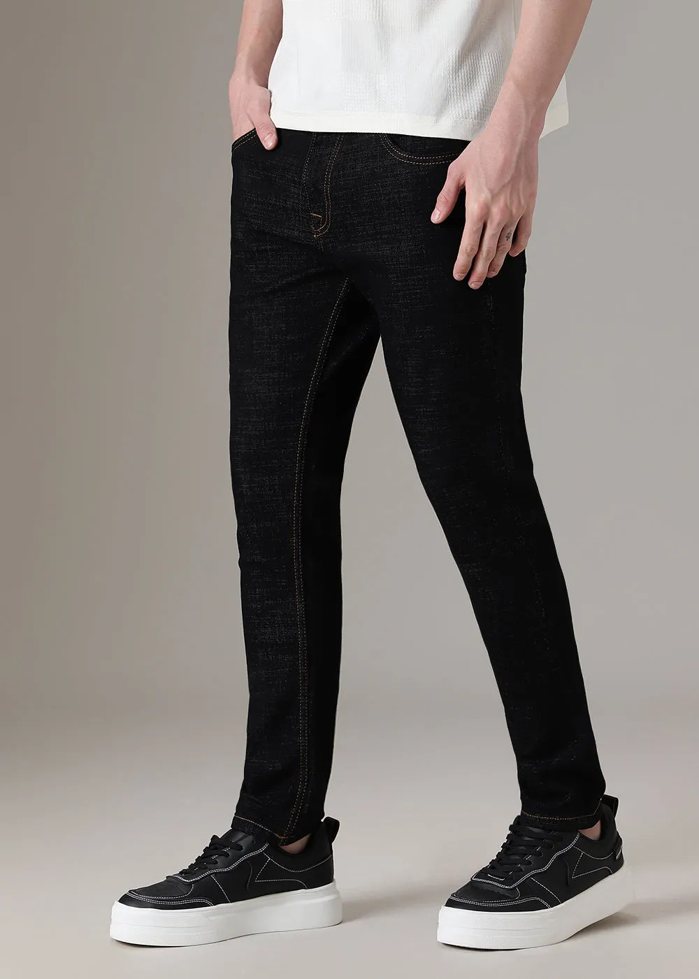 Black Contrast Thread Slim Fit Denim