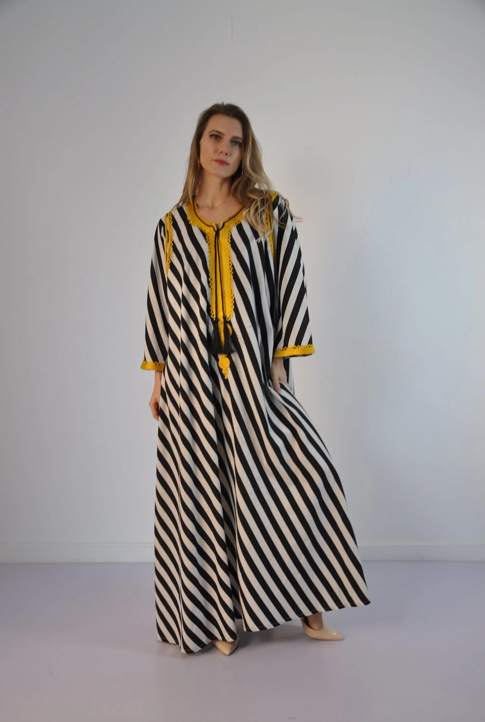 Black Striped Elegant gold embroidered Kaftan dress, Bohemian Kaftan, Egyptian cotton. Gala, Elegant, Arabic Dress. Free size S to XL