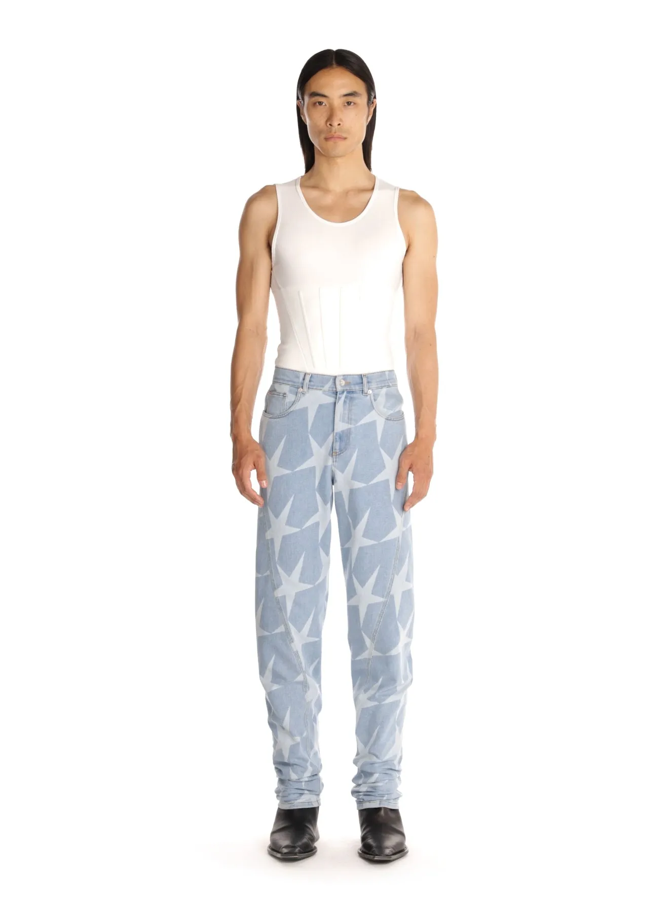 blue star printed denim jeans