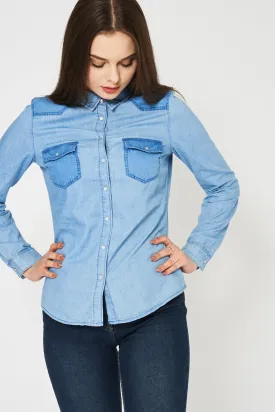 Blue Two Tone Denim Shirt Available In Plus Sizes