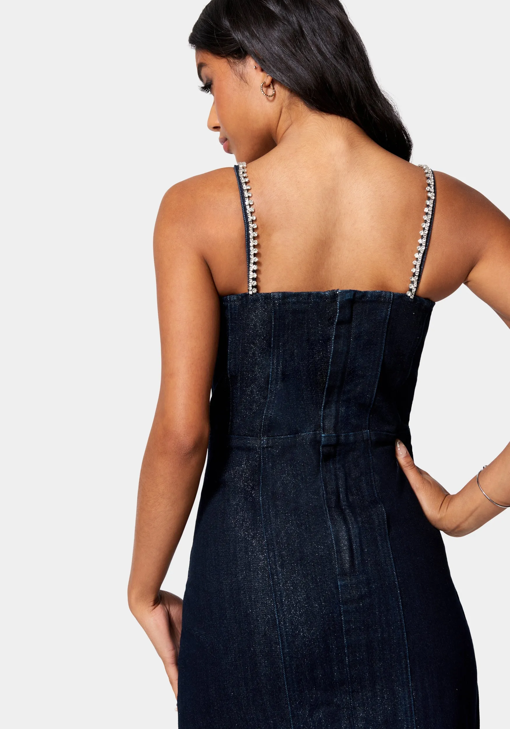 Bow Detail Rhinestone Strap Glitter Denim Dress