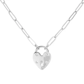 Brass Metal CZ Embellished Heart Lock Pendant Necklace