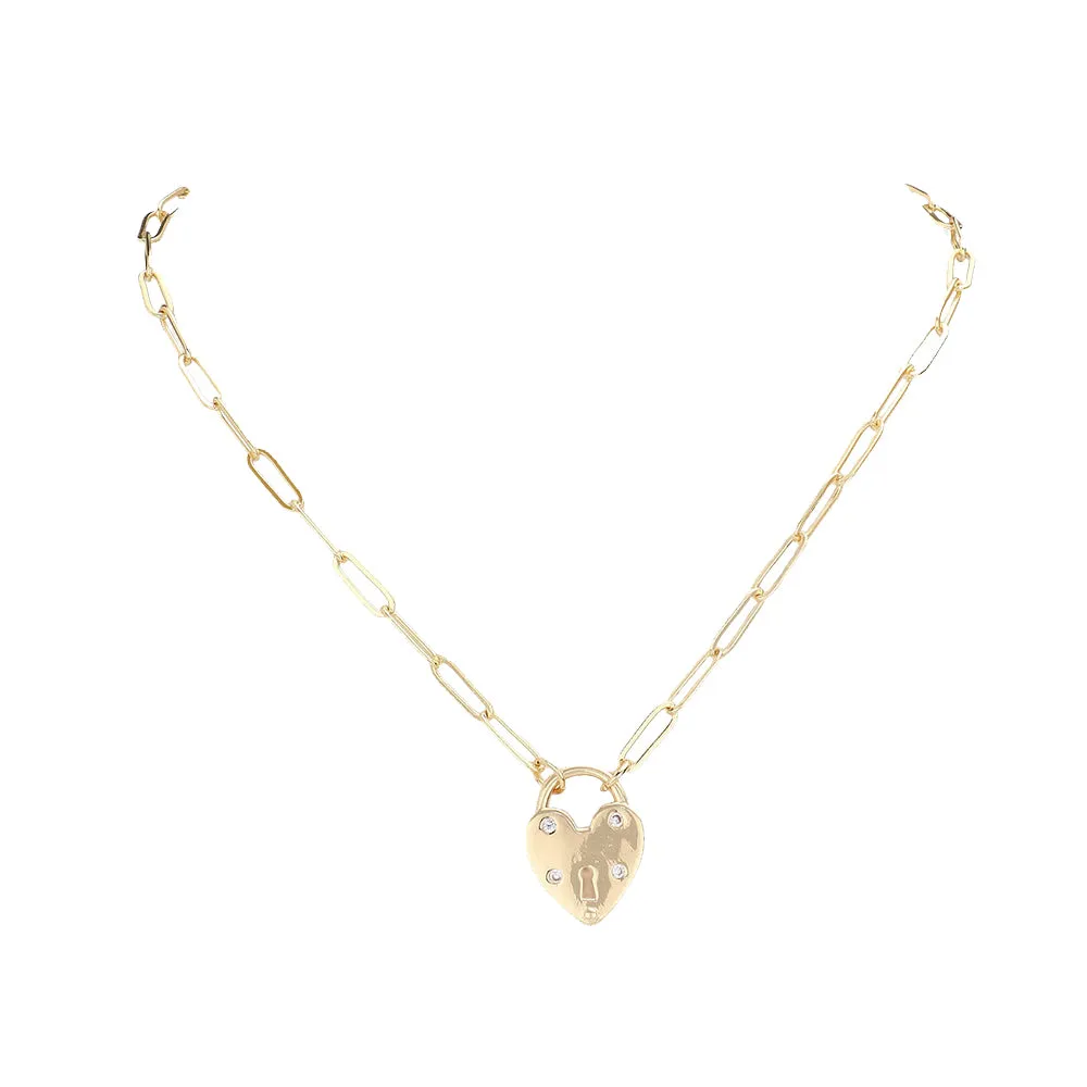 Brass Metal CZ Embellished Heart Lock Pendant Necklace