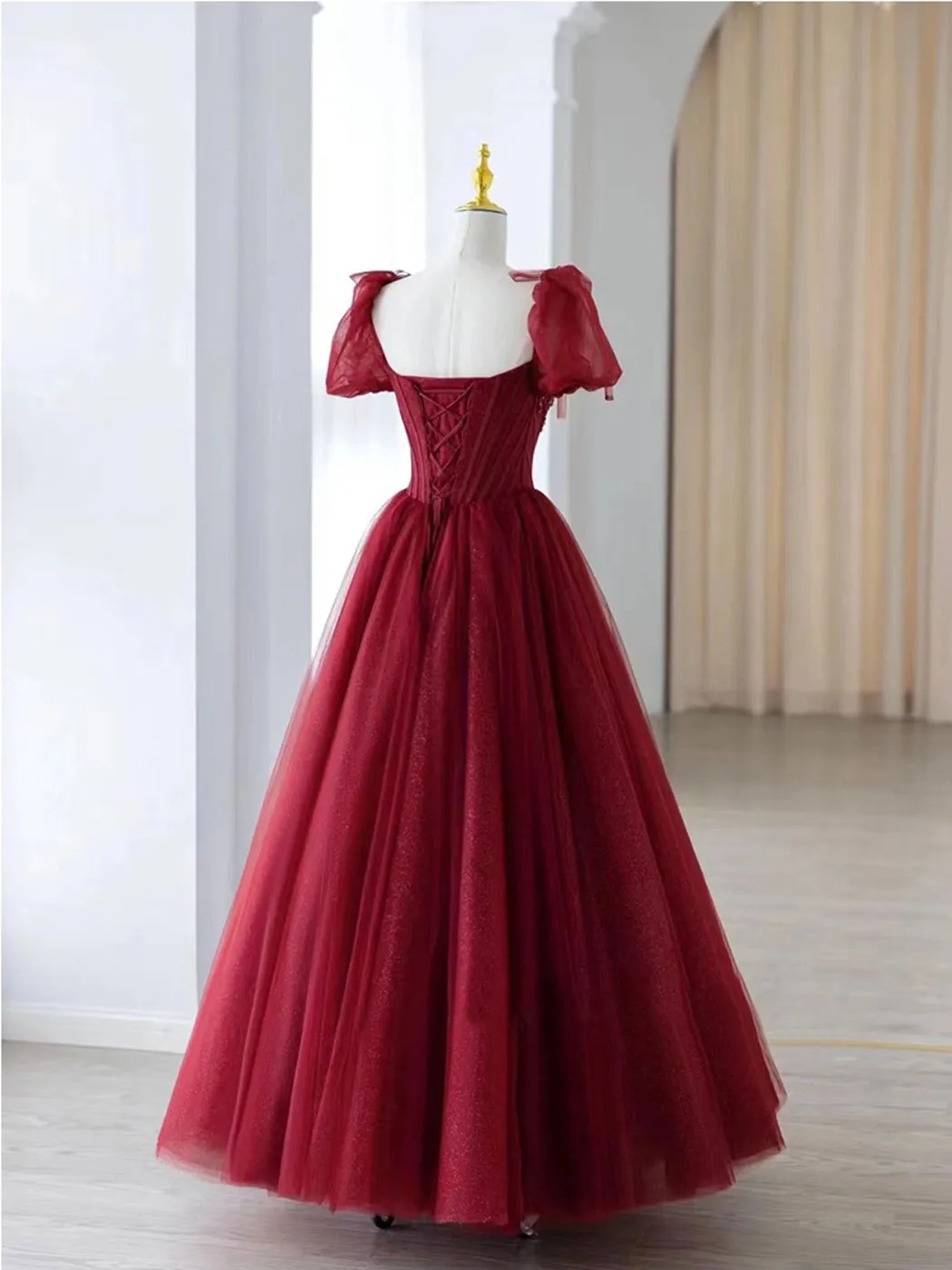 Burgundy A line tulle beads long prom dress burgundy formal dress