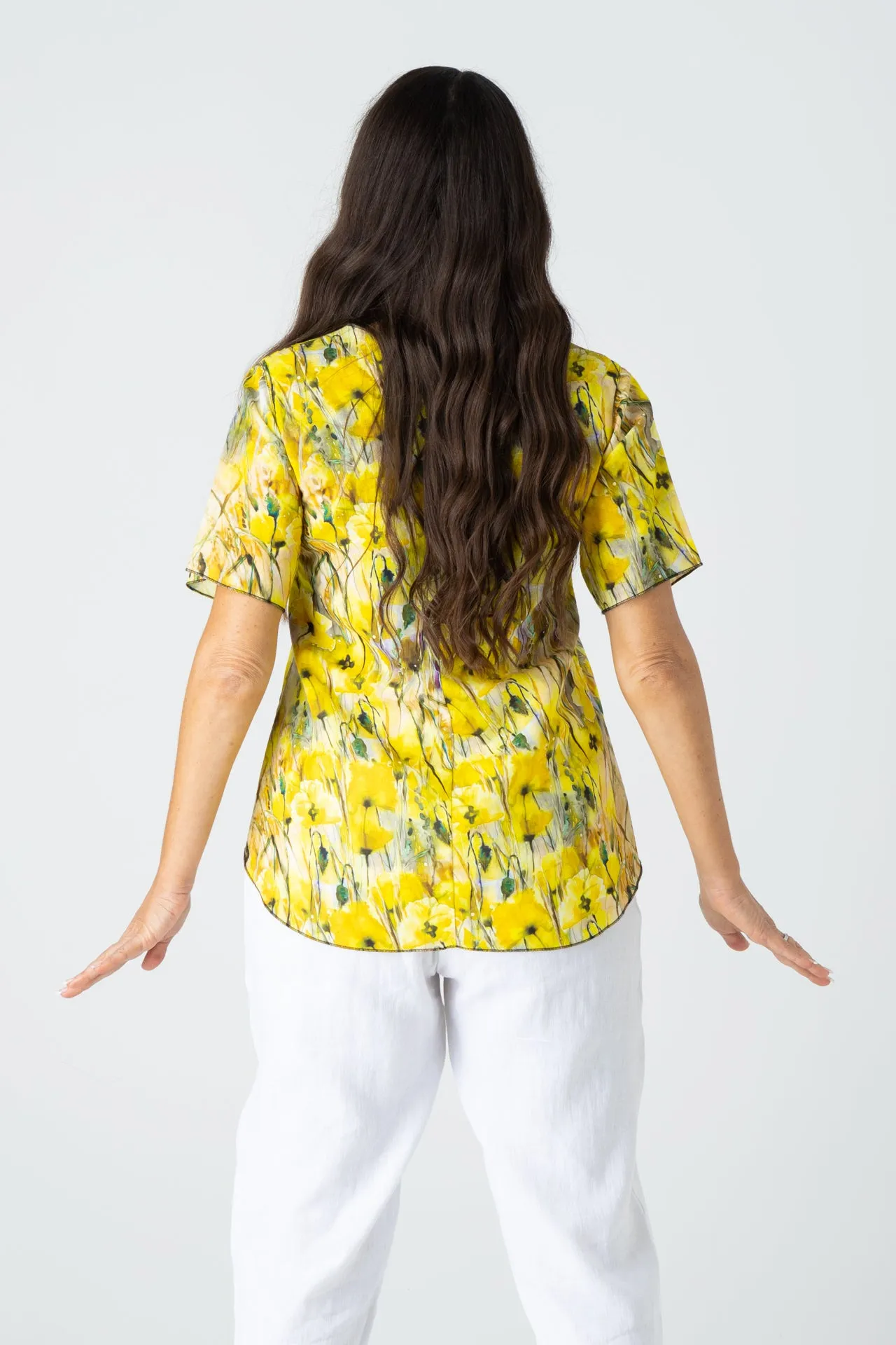 Buttercup Print Short Sleeve Linen/Silk Shirt