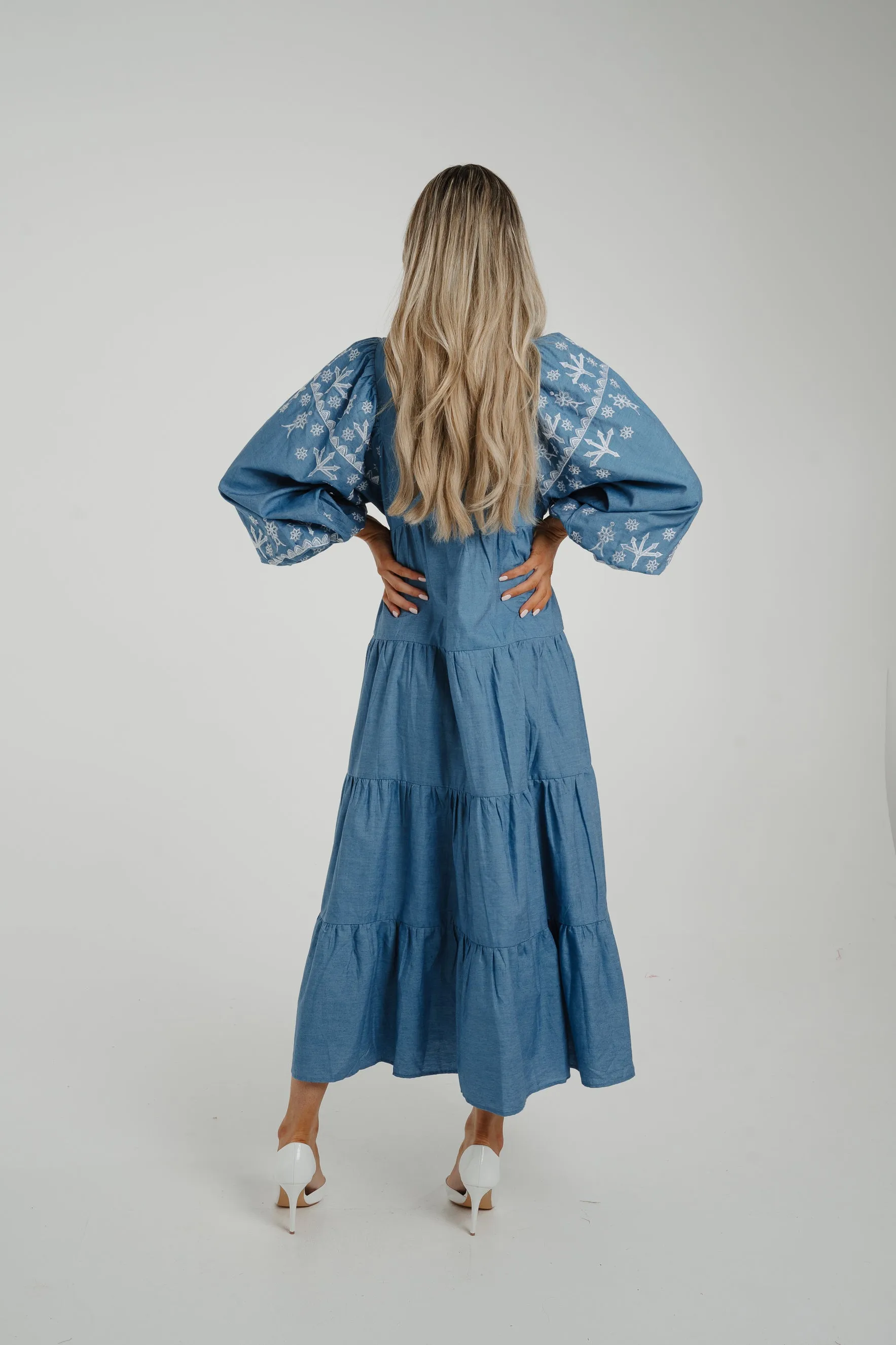 Caitlyn Tiered Embroidery Dress In Blue