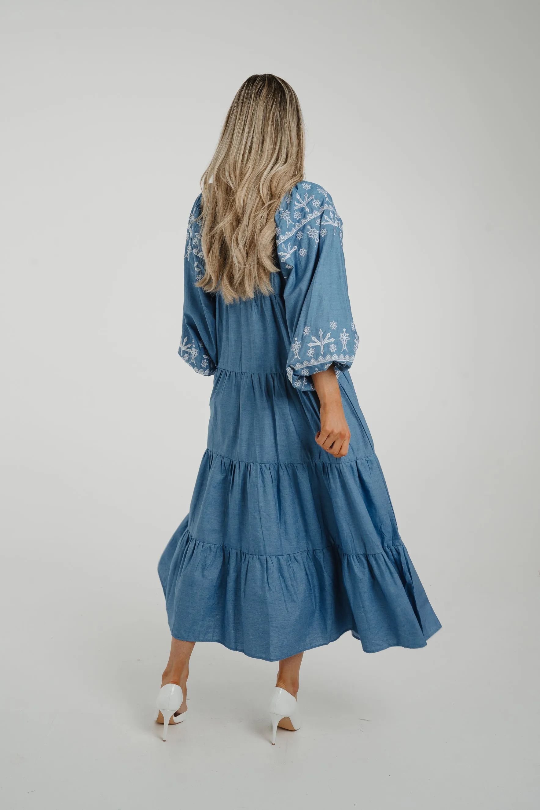 Caitlyn Tiered Embroidery Dress In Blue