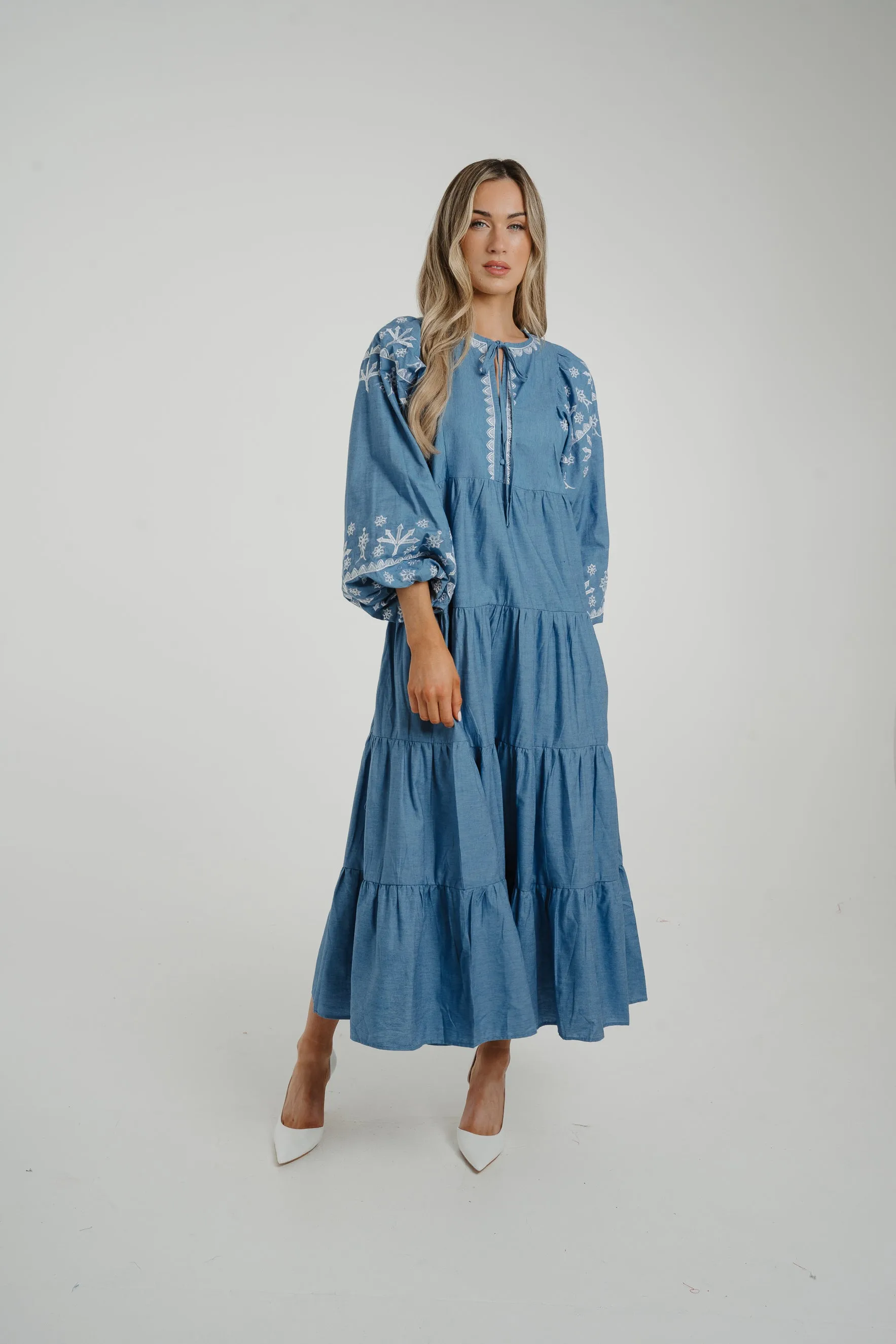 Caitlyn Tiered Embroidery Dress In Blue