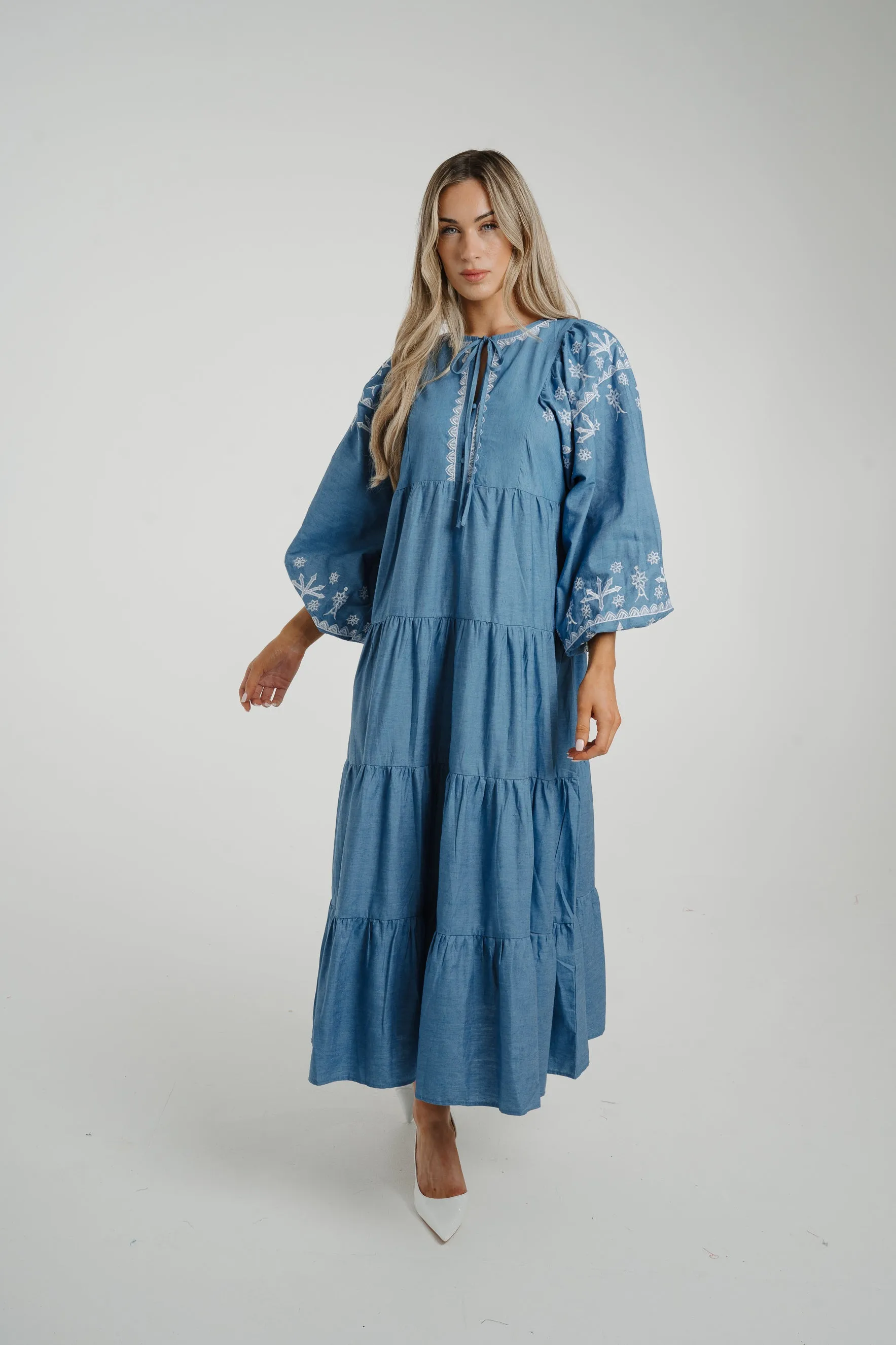 Caitlyn Tiered Embroidery Dress In Blue