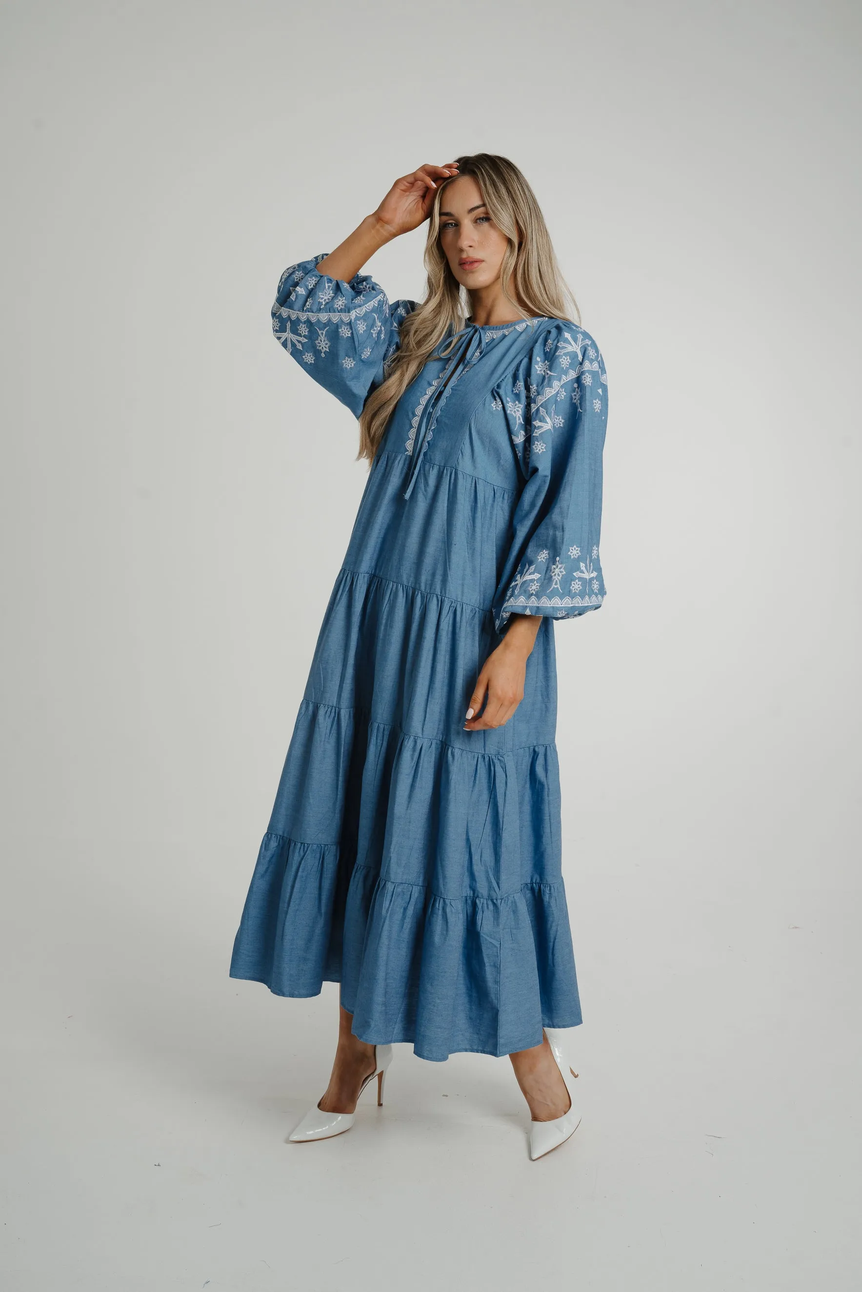 Caitlyn Tiered Embroidery Dress In Blue