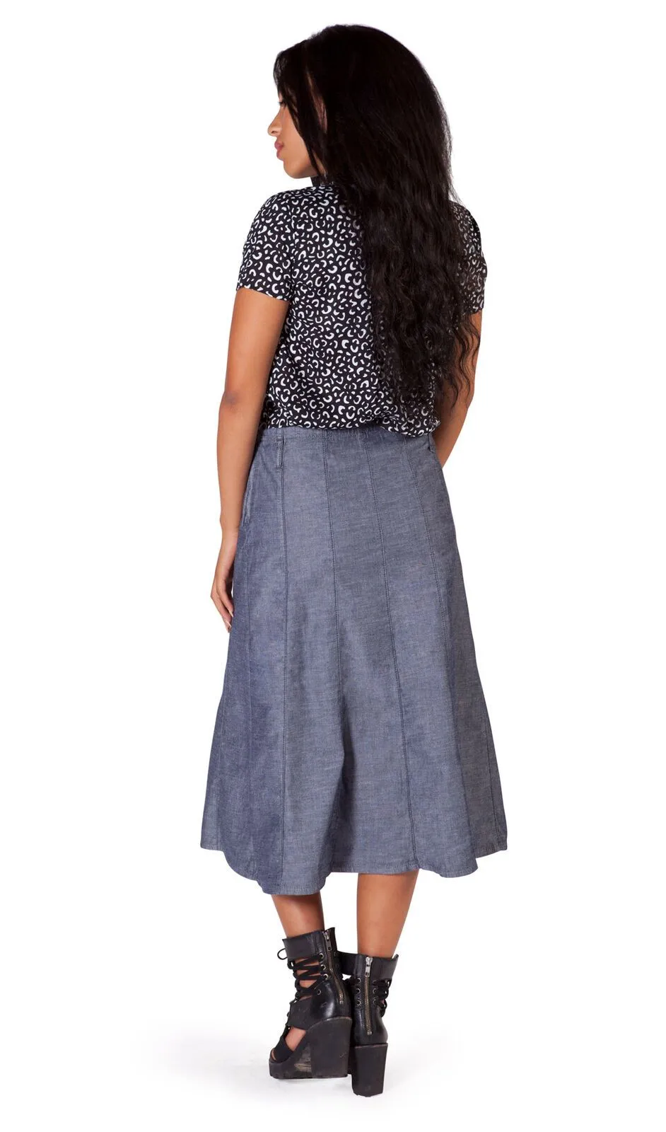 Calf-length Dark Chambray Denim Panelled Skirt - UK 10