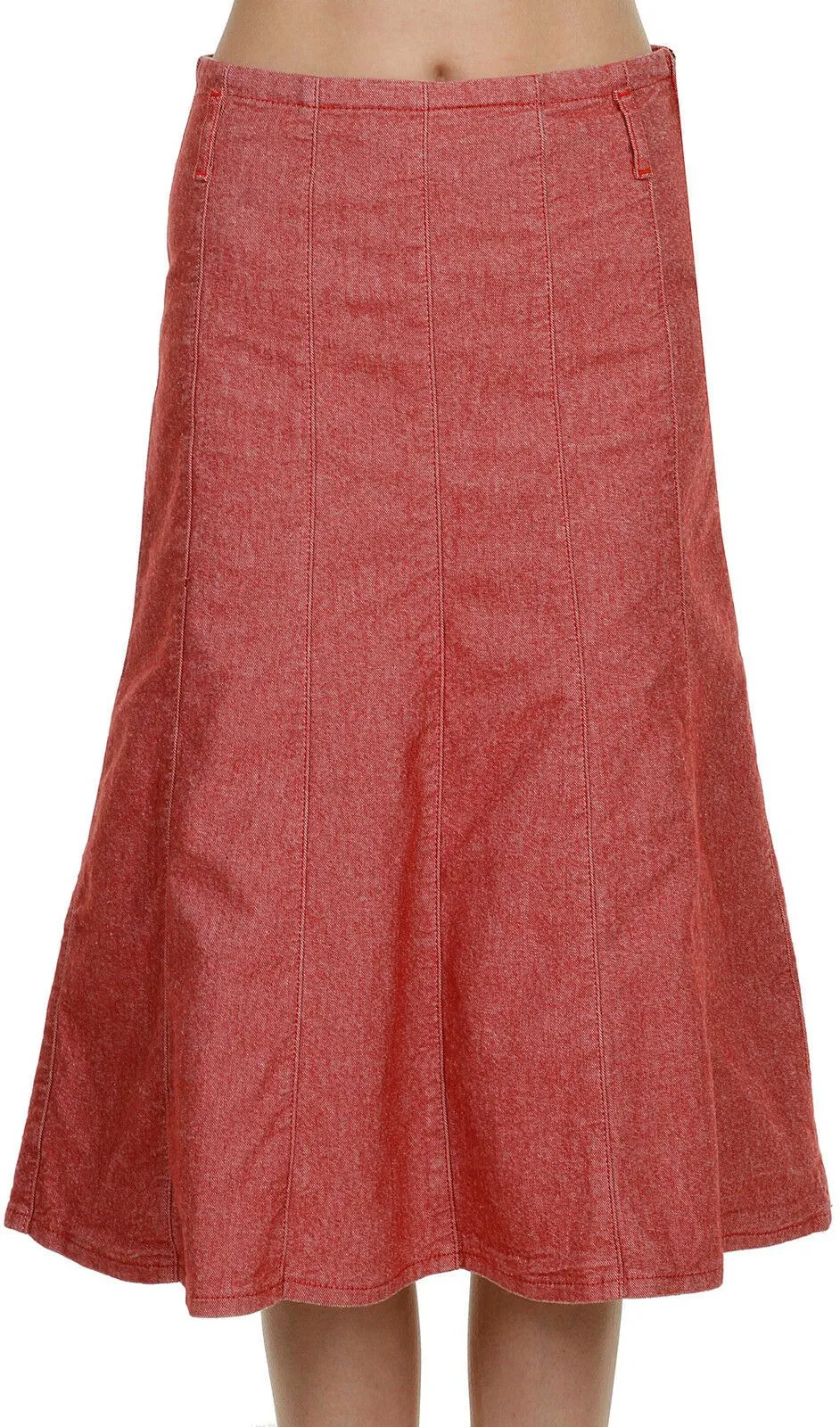 Calf-length Red Panelled Denim Skirt