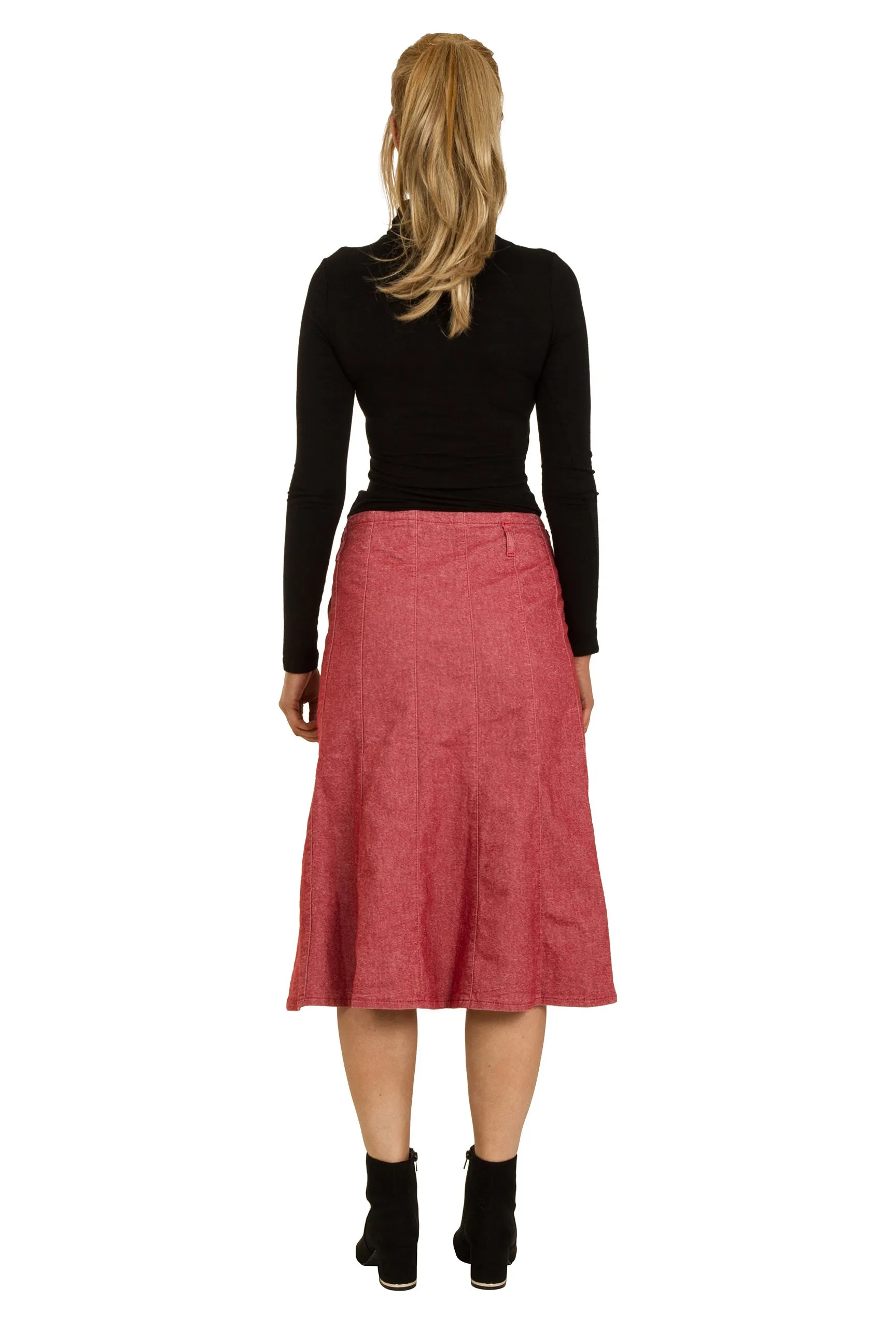 Calf-length Red Panelled Denim Skirt