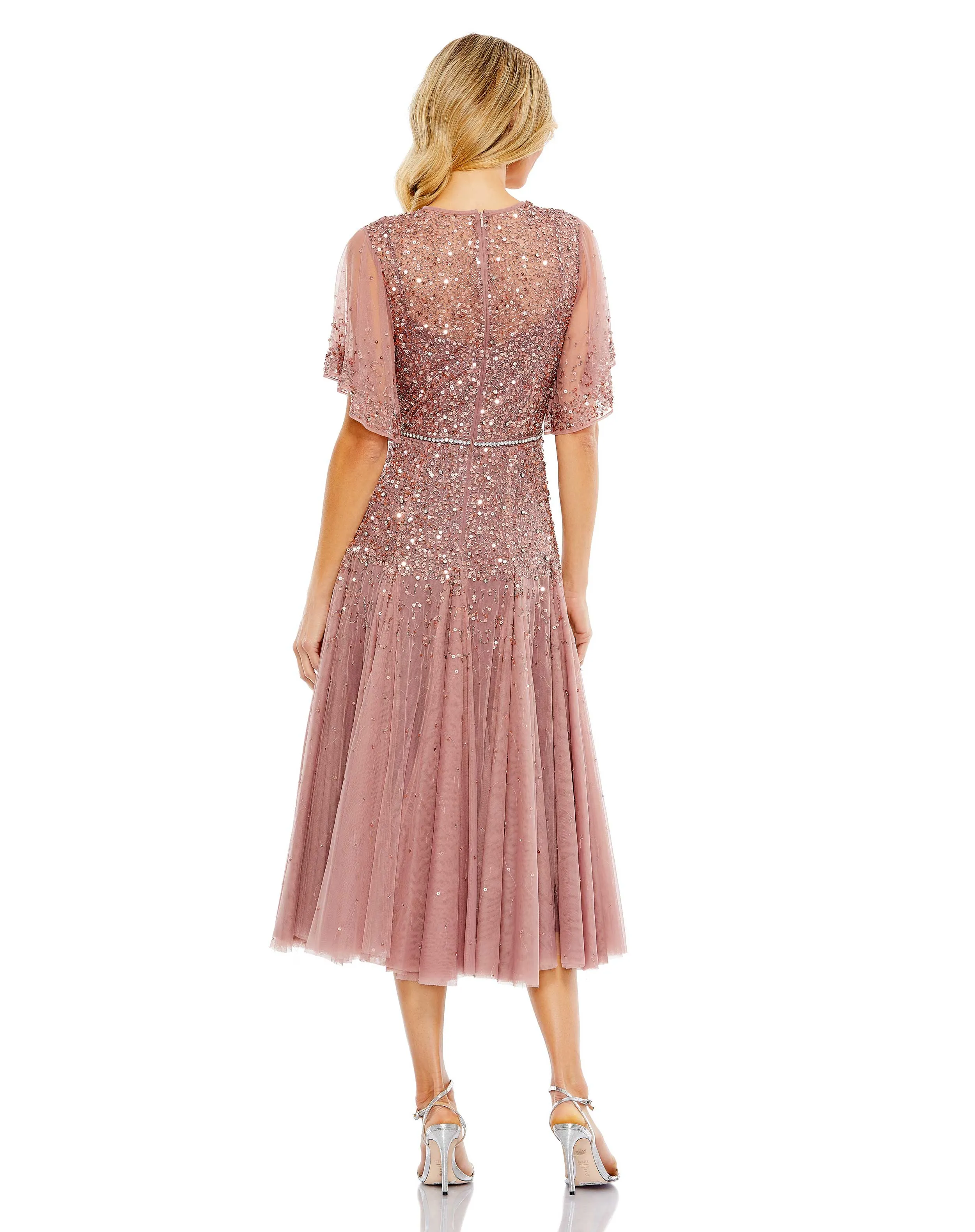 Cape Sleeve Beaded Tea Length A-line Dress