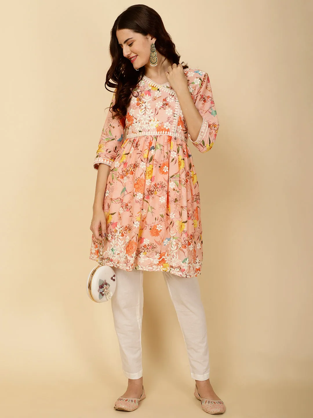 Chikankari & Floral Printed Cotton Kurti