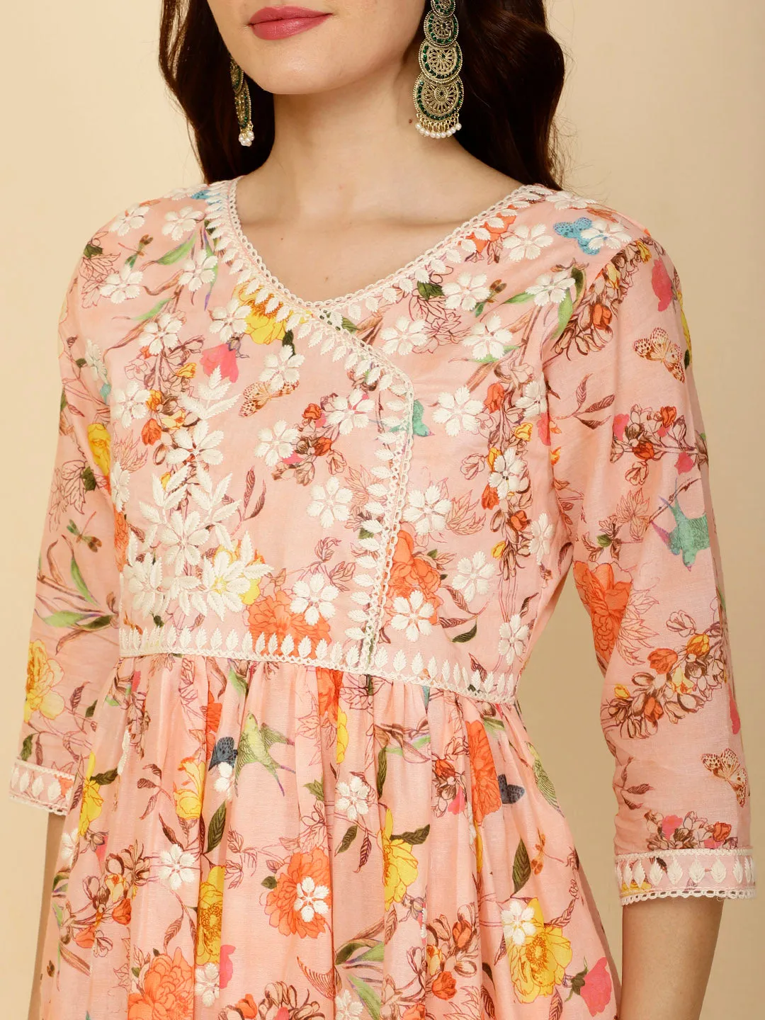 Chikankari & Floral Printed Cotton Kurti