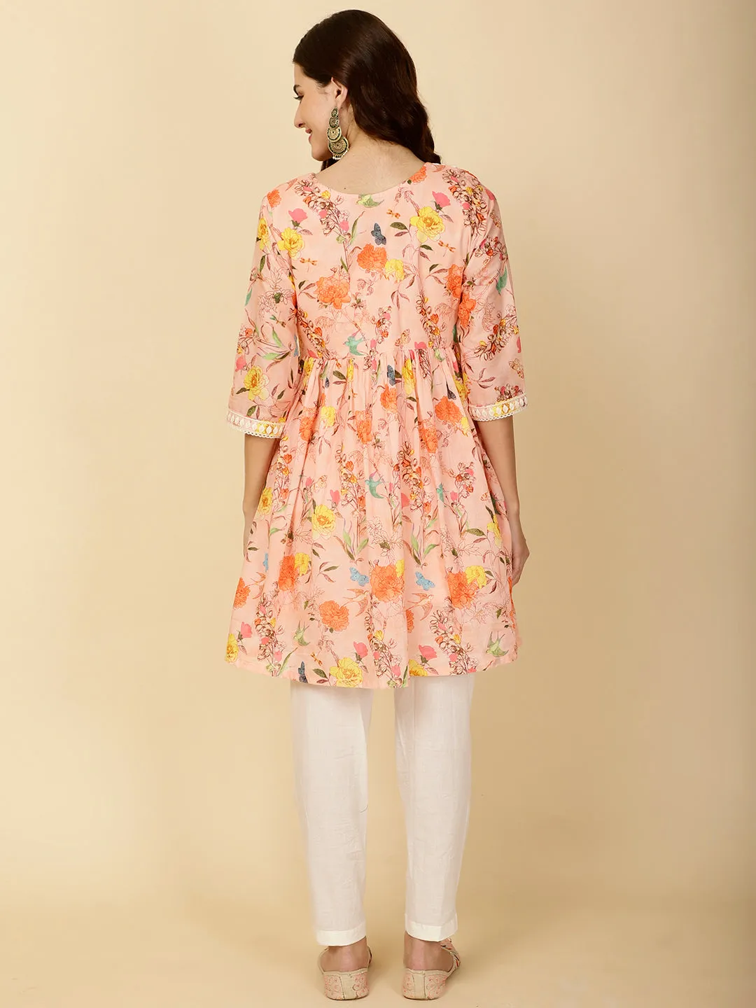 Chikankari & Floral Printed Cotton Kurti