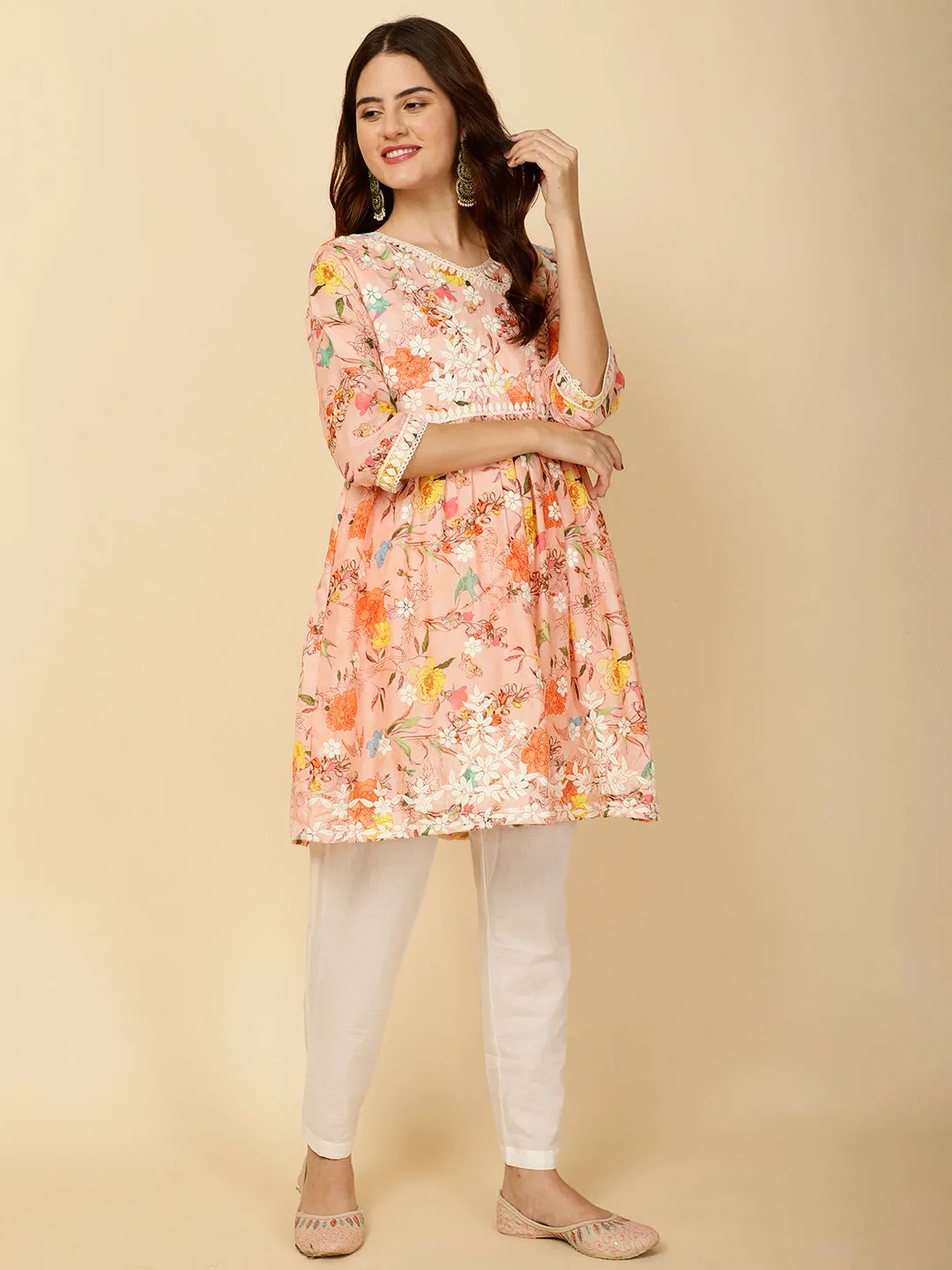 Chikankari & Floral Printed Cotton Kurti